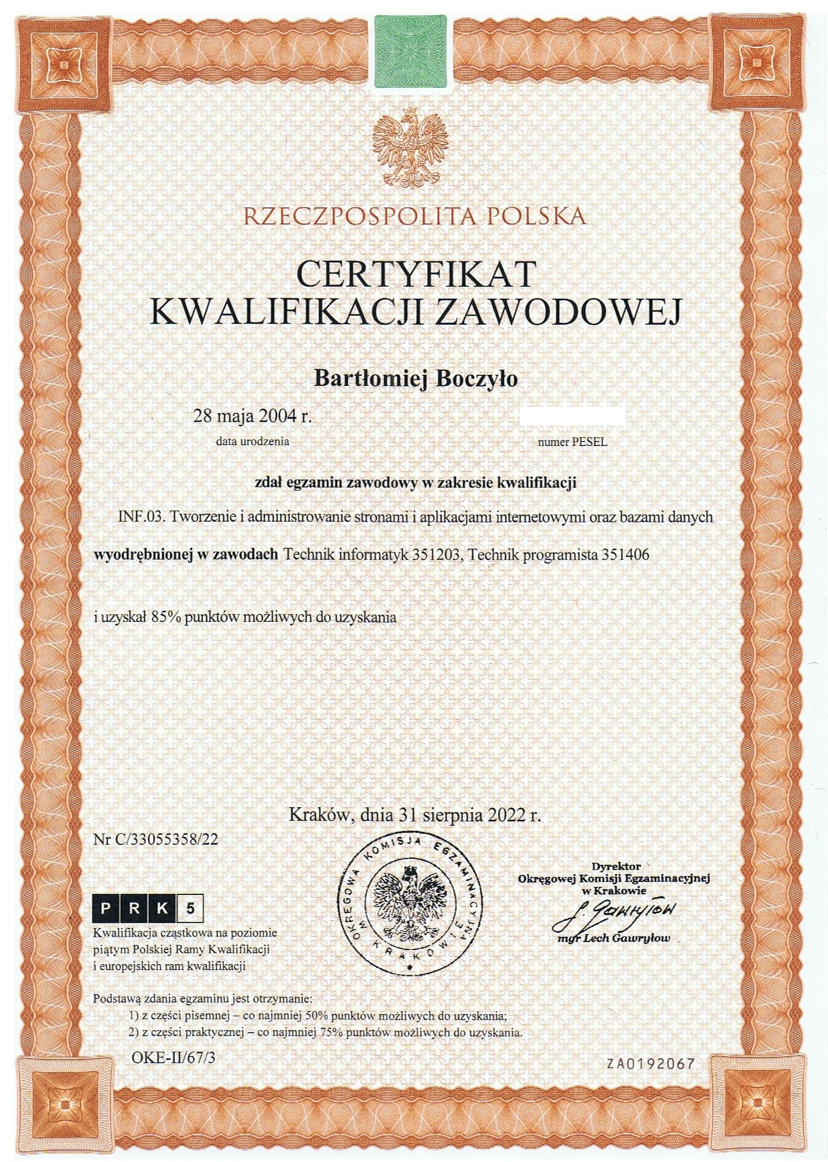 Certyfikat kwalifikacji zawodowych INF.03