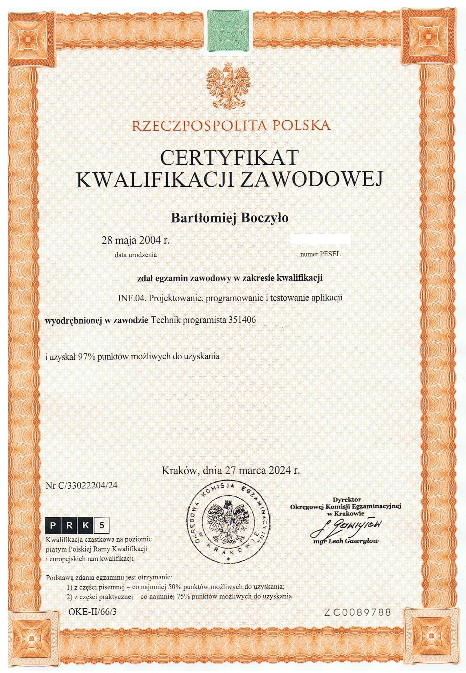 Certyfikat kwalifikacji zawodowej INF.04